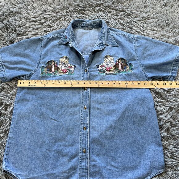 Vintage Embroidered Denim Shirt Short Sleeve Collared Bears Picnic Cottage - Picture 8 of 12